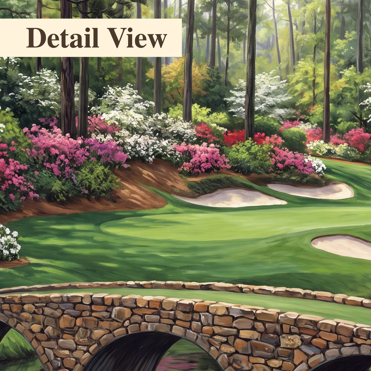 An arched stone bridge beside a landscaped golf course and reflective pond 3 piece canvas wall art artwork detail close up