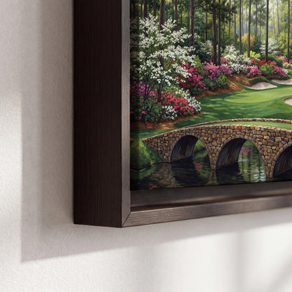 An arched stone bridge beside a landscaped golf course and reflective pond 3 piece framed canvas wall art material and edge close up