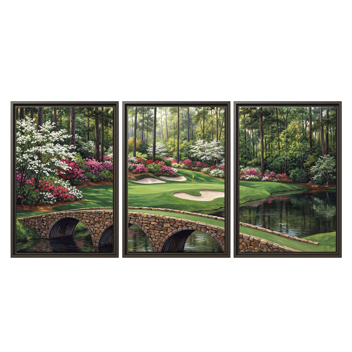 An arched stone bridge beside a landscaped golf course and reflective pond 3 piece framed canvas wall art viewed straight on