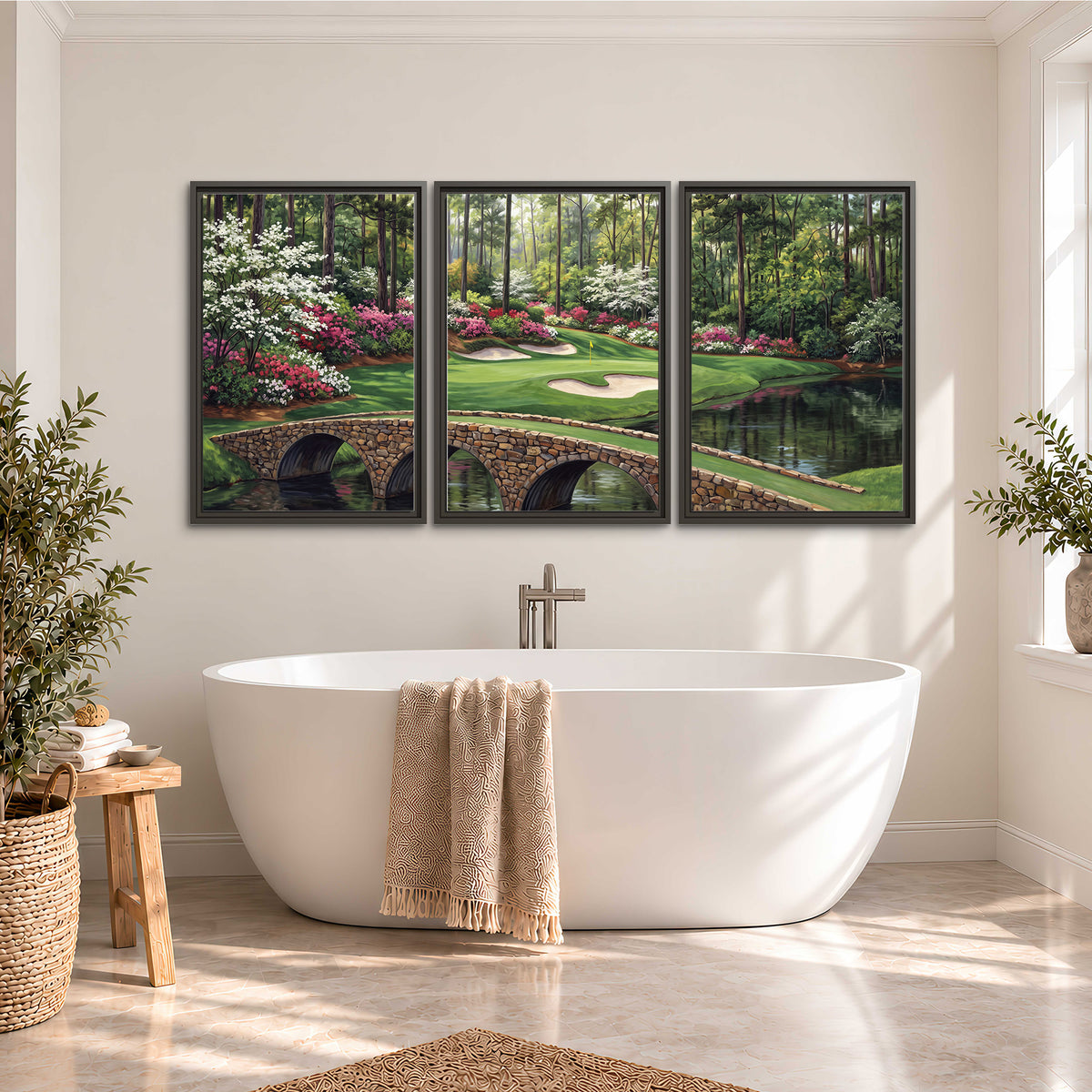 An arched stone bridge beside a landscaped golf course and reflective pond 3 piece framed canvas wall art styled in an interior