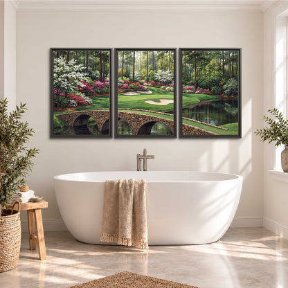 An arched stone bridge beside a landscaped golf course and reflective pond 3 piece framed canvas wall art styled in an interior