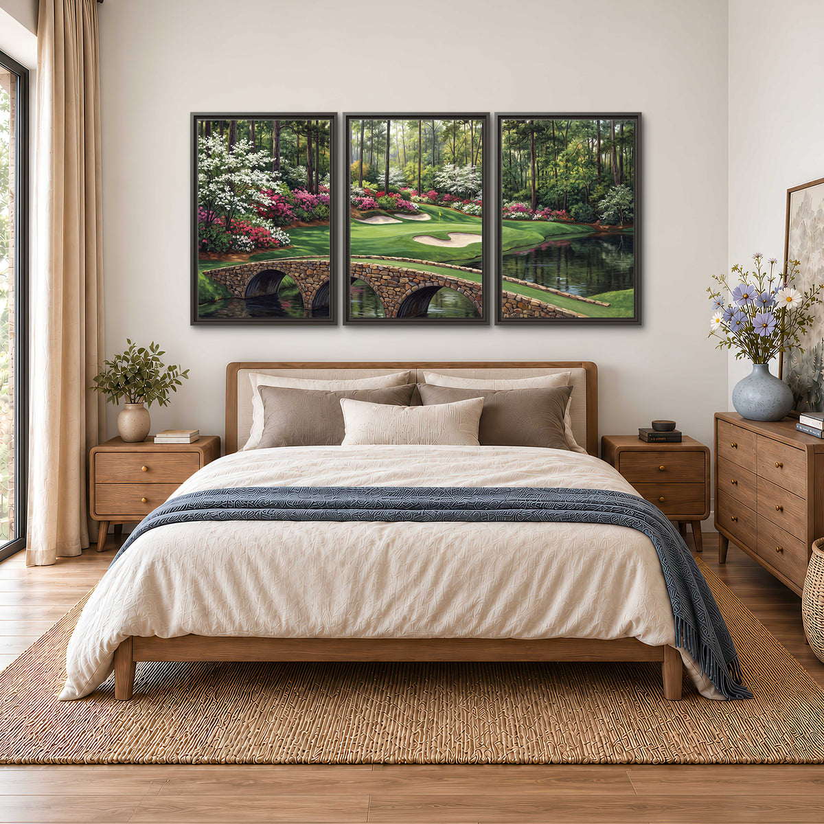 An arched stone bridge beside a landscaped golf course and reflective pond 3 piece framed canvas wall art styled in an interior