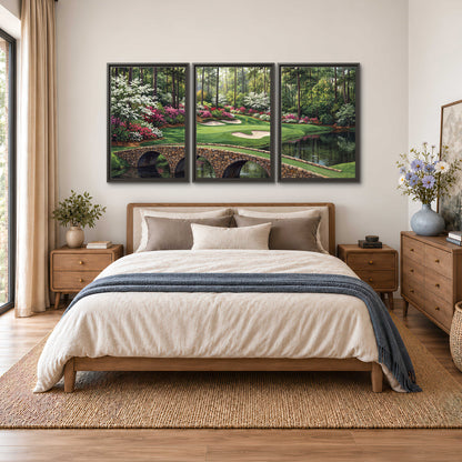 An arched stone bridge beside a landscaped golf course and reflective pond 3 piece framed canvas wall art styled in an interior