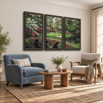 An arched stone bridge beside a landscaped golf course and reflective pond 3 piece framed canvas wall art styled in an interior