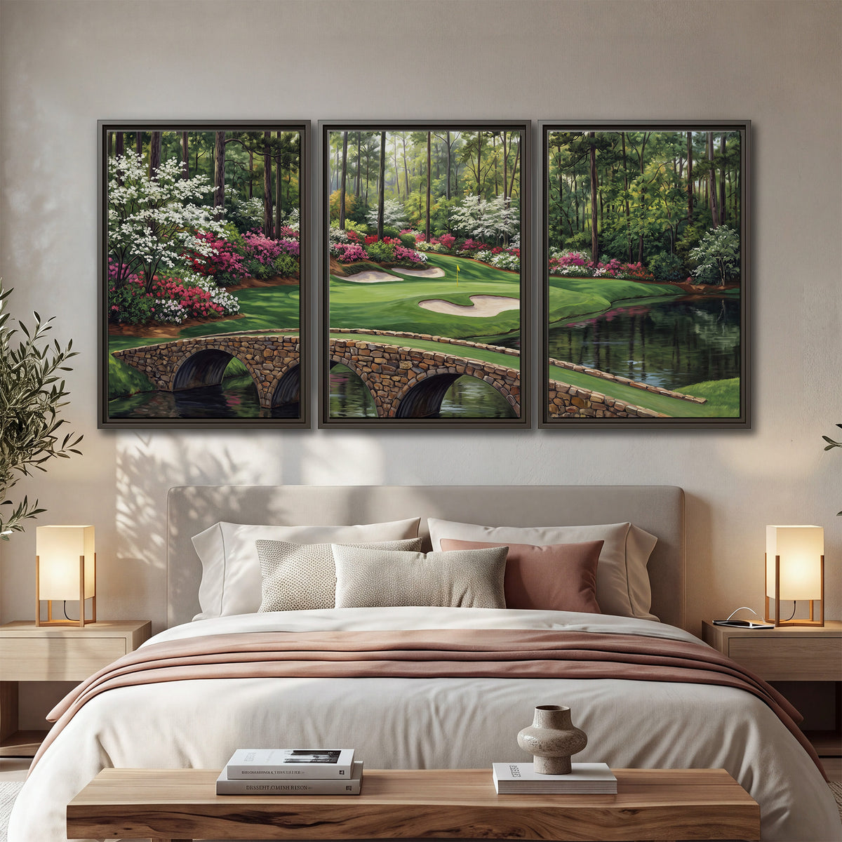 An arched stone bridge beside a landscaped golf course and reflective pond 3 piece framed canvas wall art displayed in a bedroom
