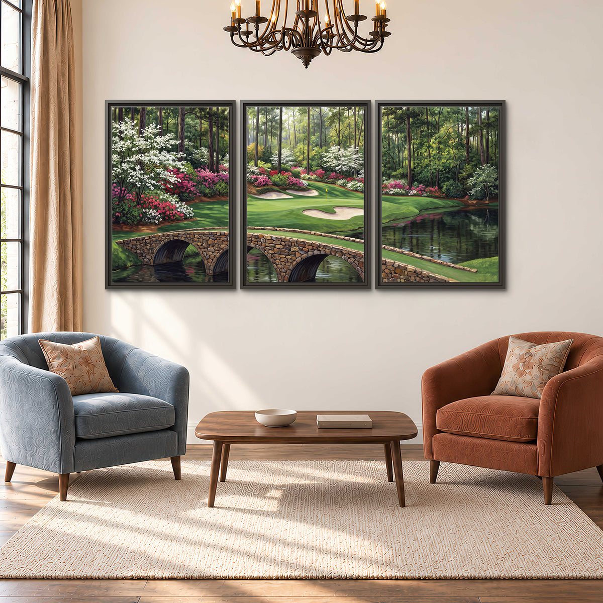 An arched stone bridge beside a landscaped golf course and reflective pond 3 piece framed canvas wall art styled in an interior