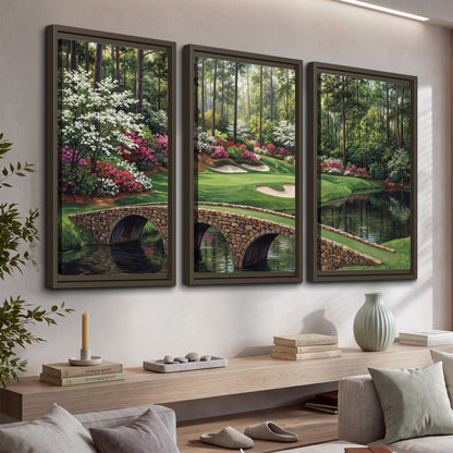An arched stone bridge beside a landscaped golf course and reflective pond 3 piece framed canvas wall art displayed in a console