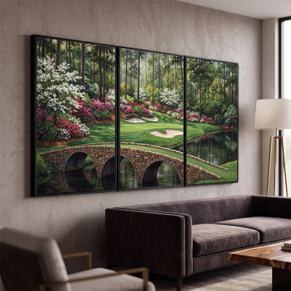 An arched stone bridge beside a landscaped golf course and reflective pond 3 piece framed canvas wall art displayed in a modern living room