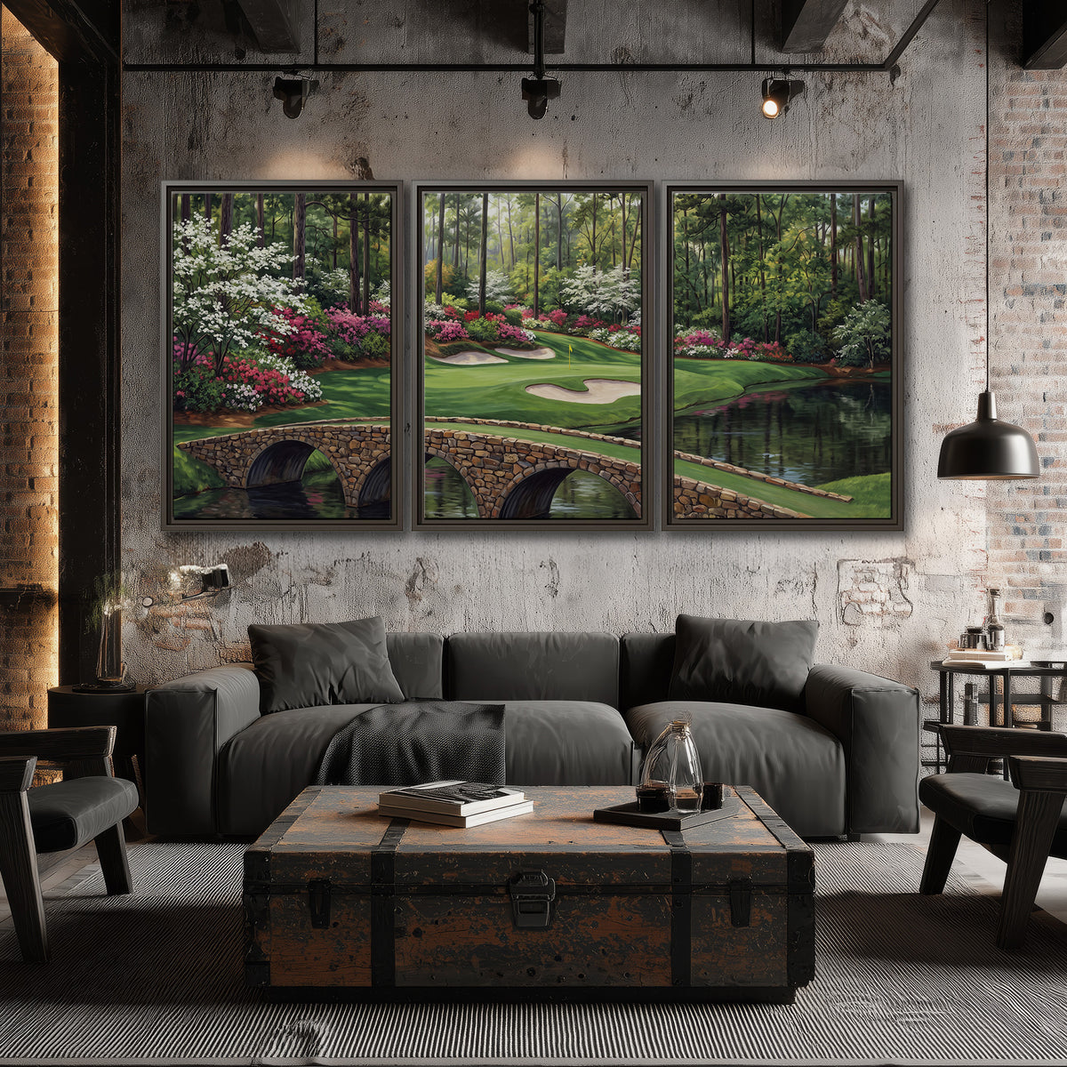An arched stone bridge beside a landscaped golf course and reflective pond 3 piece framed canvas wall art displayed in a industrial room