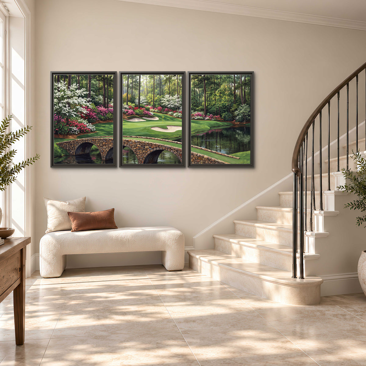 An arched stone bridge beside a landscaped golf course and reflective pond 3 piece framed canvas wall art styled in an interior