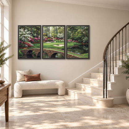 An arched stone bridge beside a landscaped golf course and reflective pond 3 piece framed canvas wall art styled in an interior