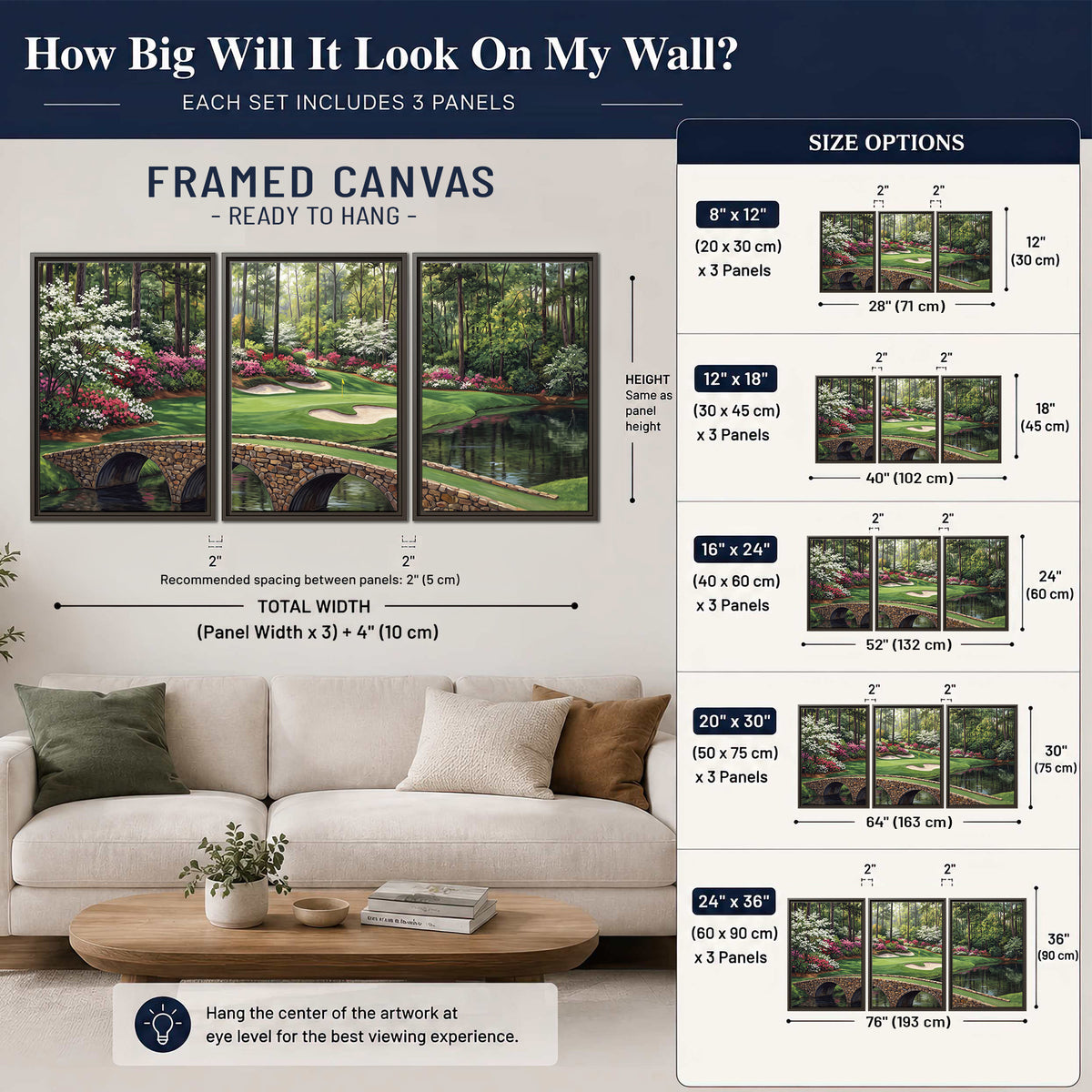 An arched stone bridge beside a landscaped golf course and reflective pond 3 piece framed canvas wall art size guide above a sofa; room view is illustrative