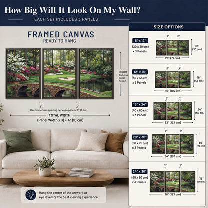 An arched stone bridge beside a landscaped golf course and reflective pond 3 piece framed canvas wall art size guide above a sofa; room view is illustrative