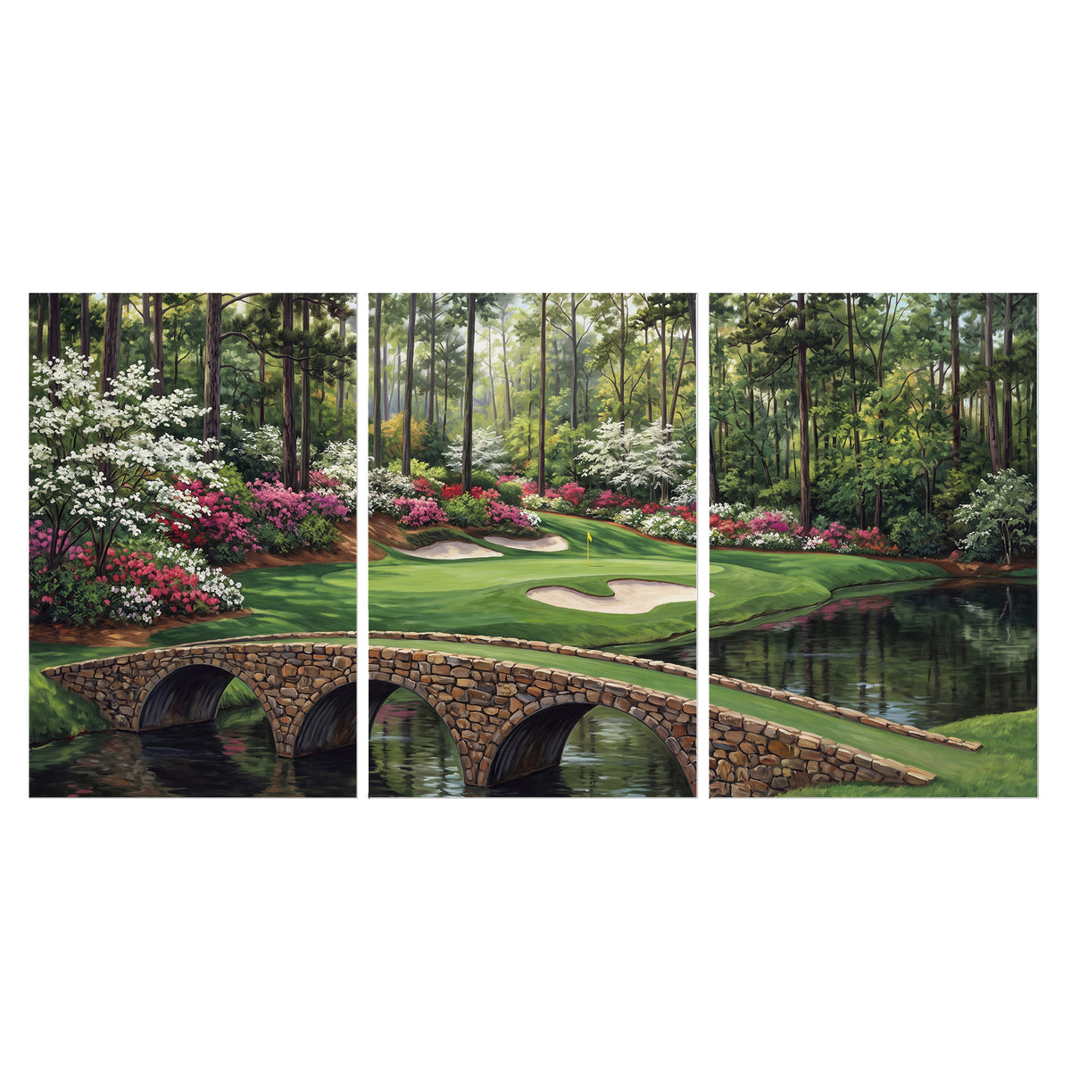 An arched stone bridge beside a landscaped golf course and reflective pond set of 3 poster prints viewed straight on