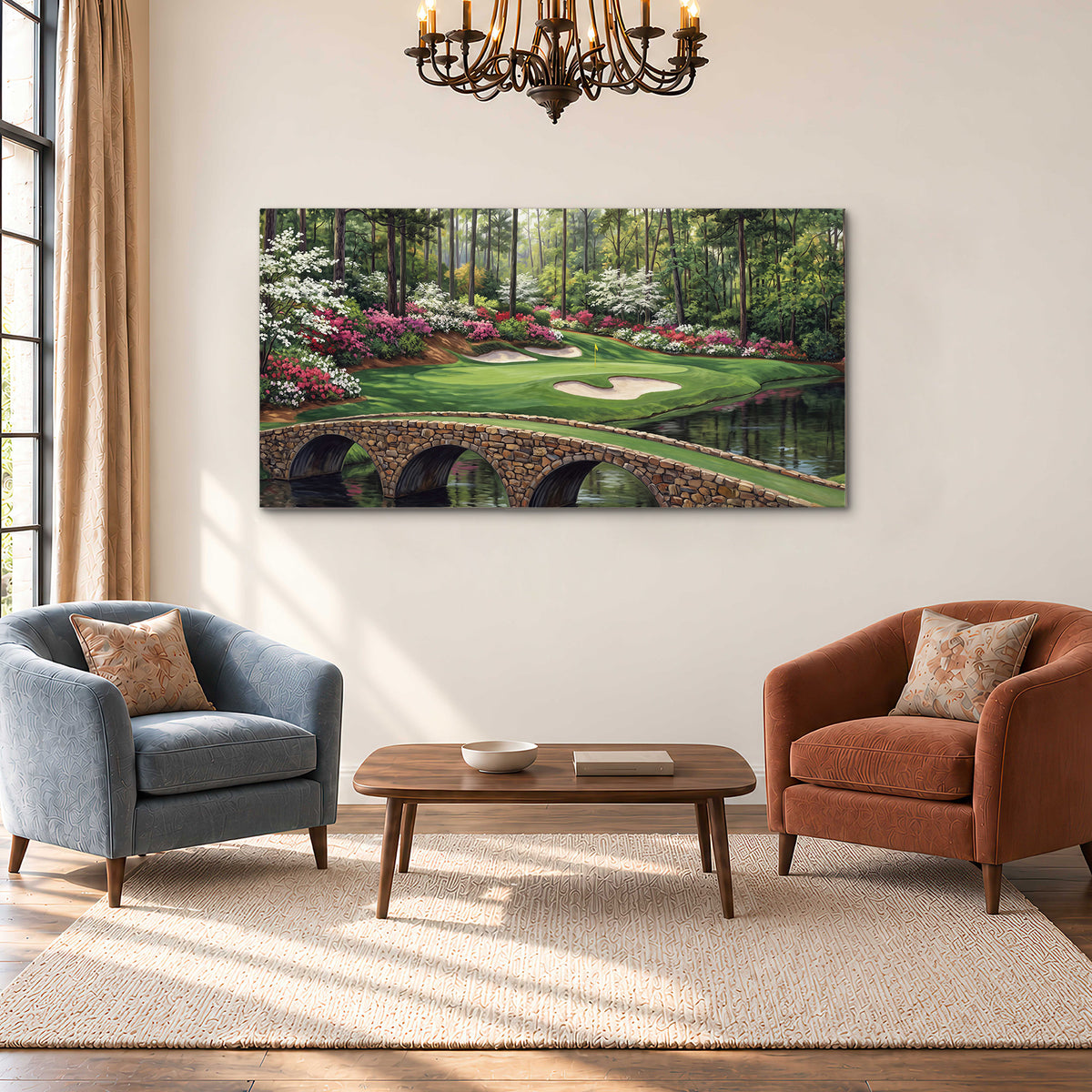 An arched stone bridge beside a landscaped golf course and reflective pond single canvas wall art styled in an interior