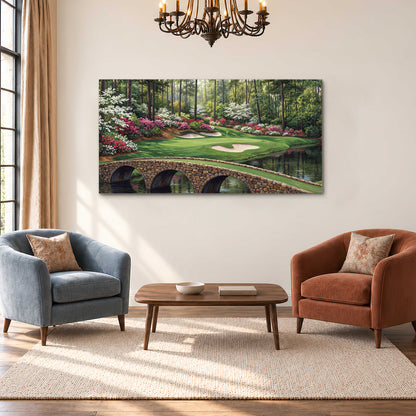 An arched stone bridge beside a landscaped golf course and reflective pond single canvas wall art styled in an interior