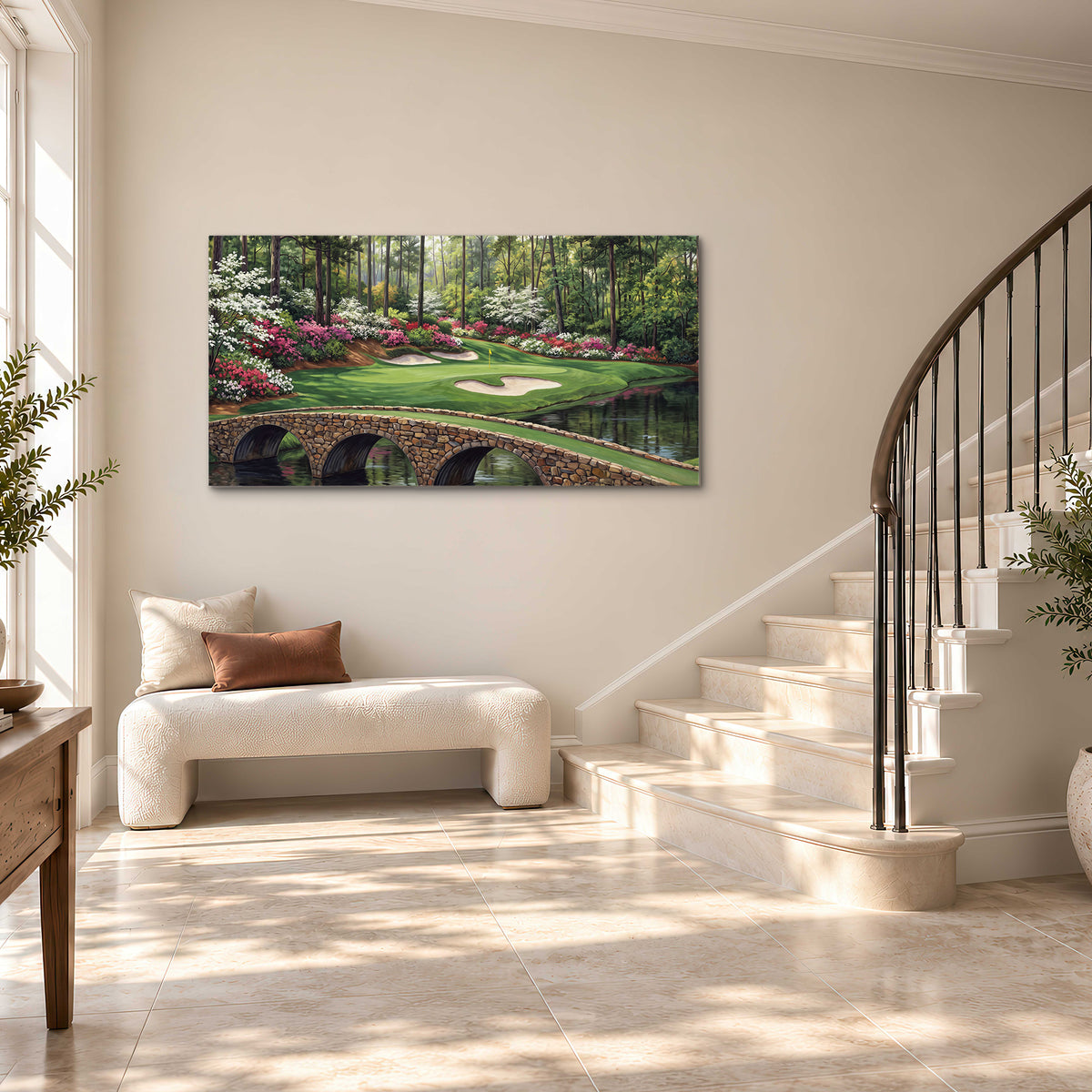 An arched stone bridge beside a landscaped golf course and reflective pond single canvas wall art styled in an interior