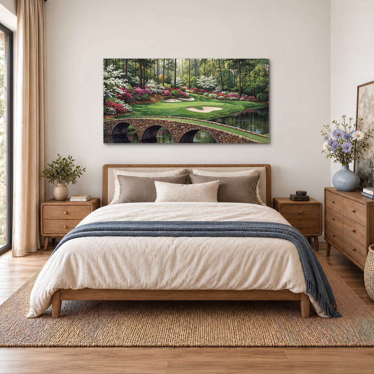 An arched stone bridge beside a landscaped golf course and reflective pond single canvas wall art styled in an interior