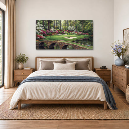 An arched stone bridge beside a landscaped golf course and reflective pond single canvas wall art styled in an interior