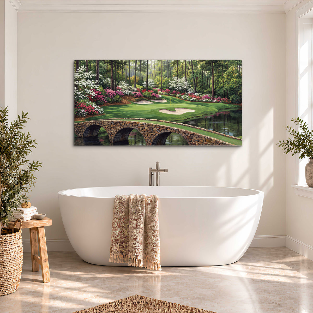 An arched stone bridge beside a landscaped golf course and reflective pond single canvas wall art styled in an interior