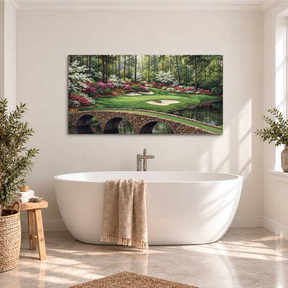 An arched stone bridge beside a landscaped golf course and reflective pond single canvas wall art styled in an interior