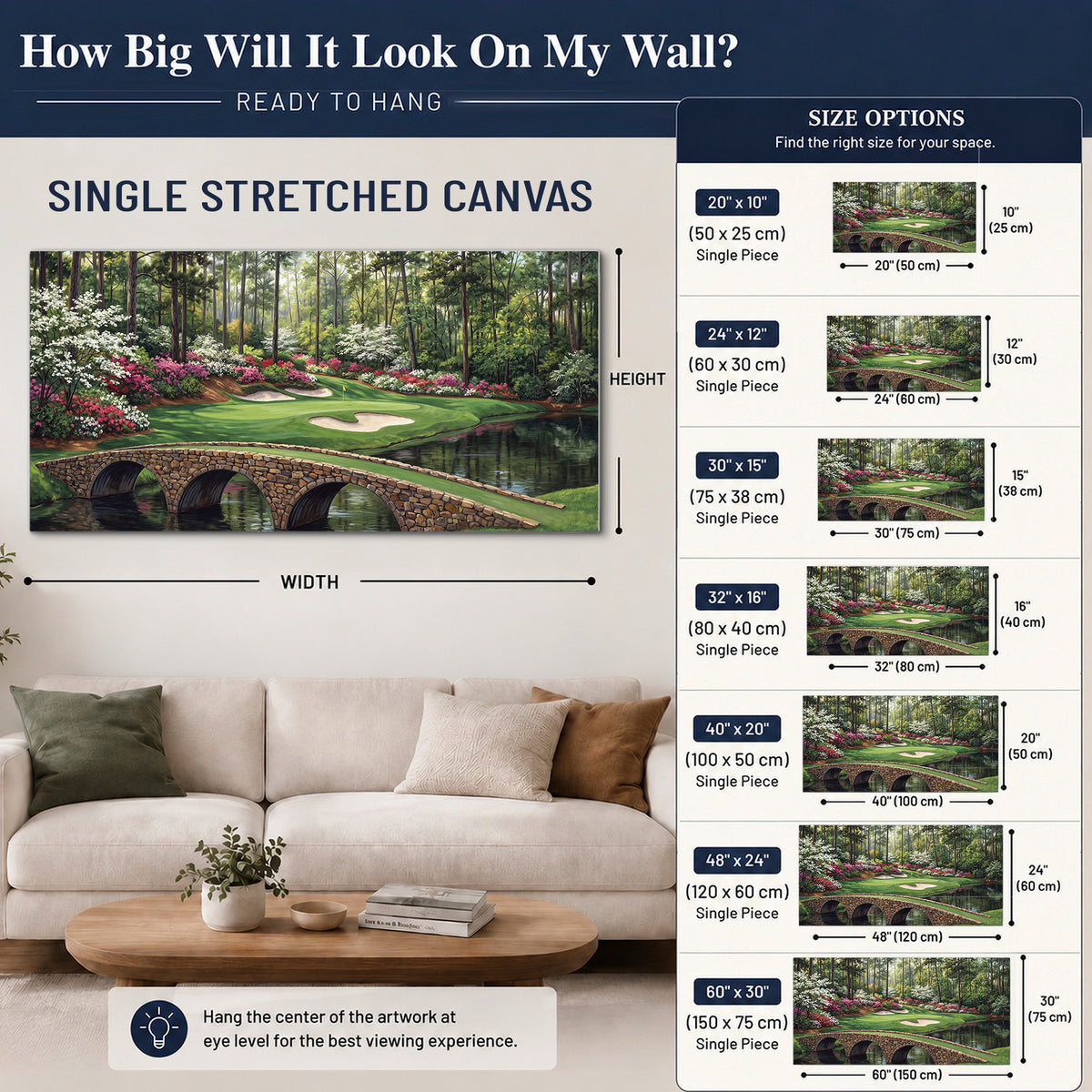 An arched stone bridge beside a landscaped golf course and reflective pond single canvas wall art size guide above a sofa; room view is illustrative