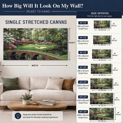 An arched stone bridge beside a landscaped golf course and reflective pond single canvas wall art size guide above a sofa; room view is illustrative