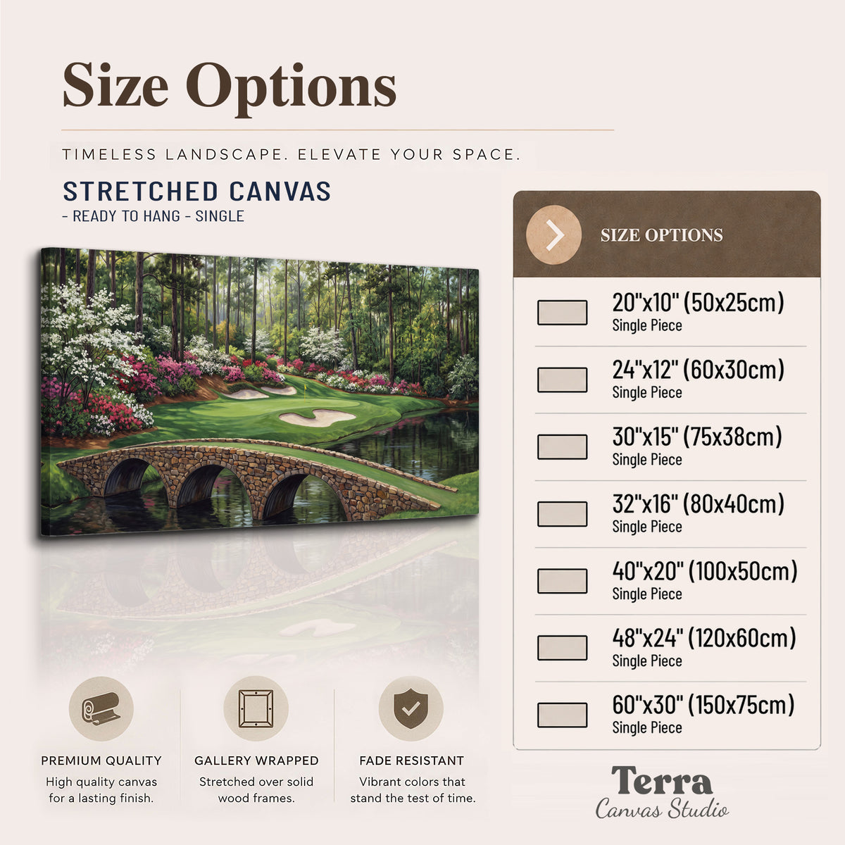 An arched stone bridge beside a landscaped golf course and reflective pond single canvas wall art available dimensions