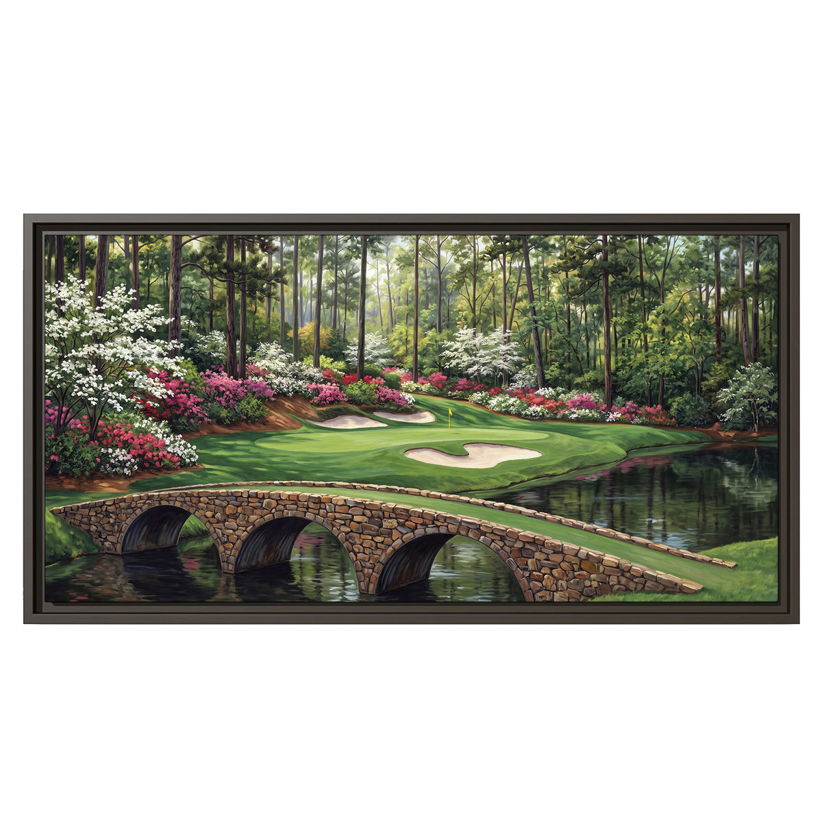 An arched stone bridge beside a landscaped golf course and reflective pond single framed canvas wall art viewed straight on