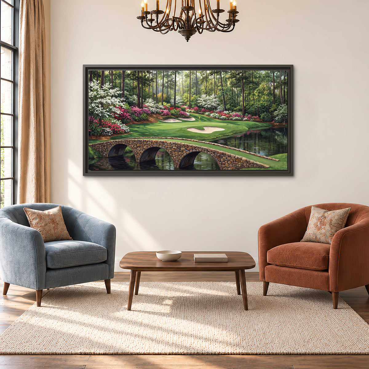 An arched stone bridge beside a landscaped golf course and reflective pond single framed canvas wall art styled in an interior