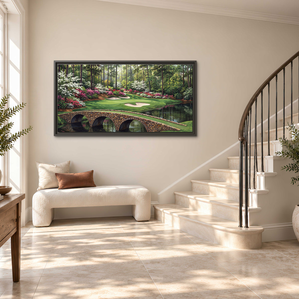 An arched stone bridge beside a landscaped golf course and reflective pond single framed canvas wall art styled in an interior