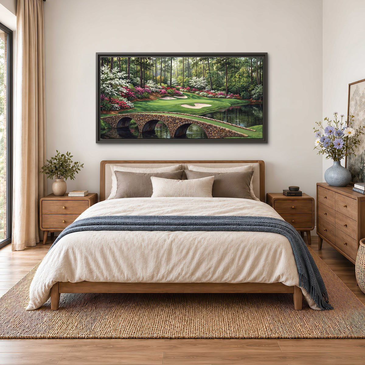 An arched stone bridge beside a landscaped golf course and reflective pond single framed canvas wall art styled in an interior