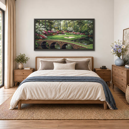 An arched stone bridge beside a landscaped golf course and reflective pond single framed canvas wall art styled in an interior