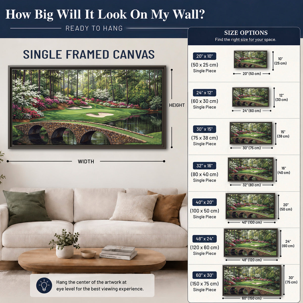 An arched stone bridge beside a landscaped golf course and reflective pond single framed canvas wall art size guide above a sofa; room view is illustrative