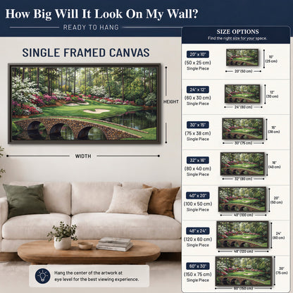 An arched stone bridge beside a landscaped golf course and reflective pond single framed canvas wall art size guide above a sofa; room view is illustrative