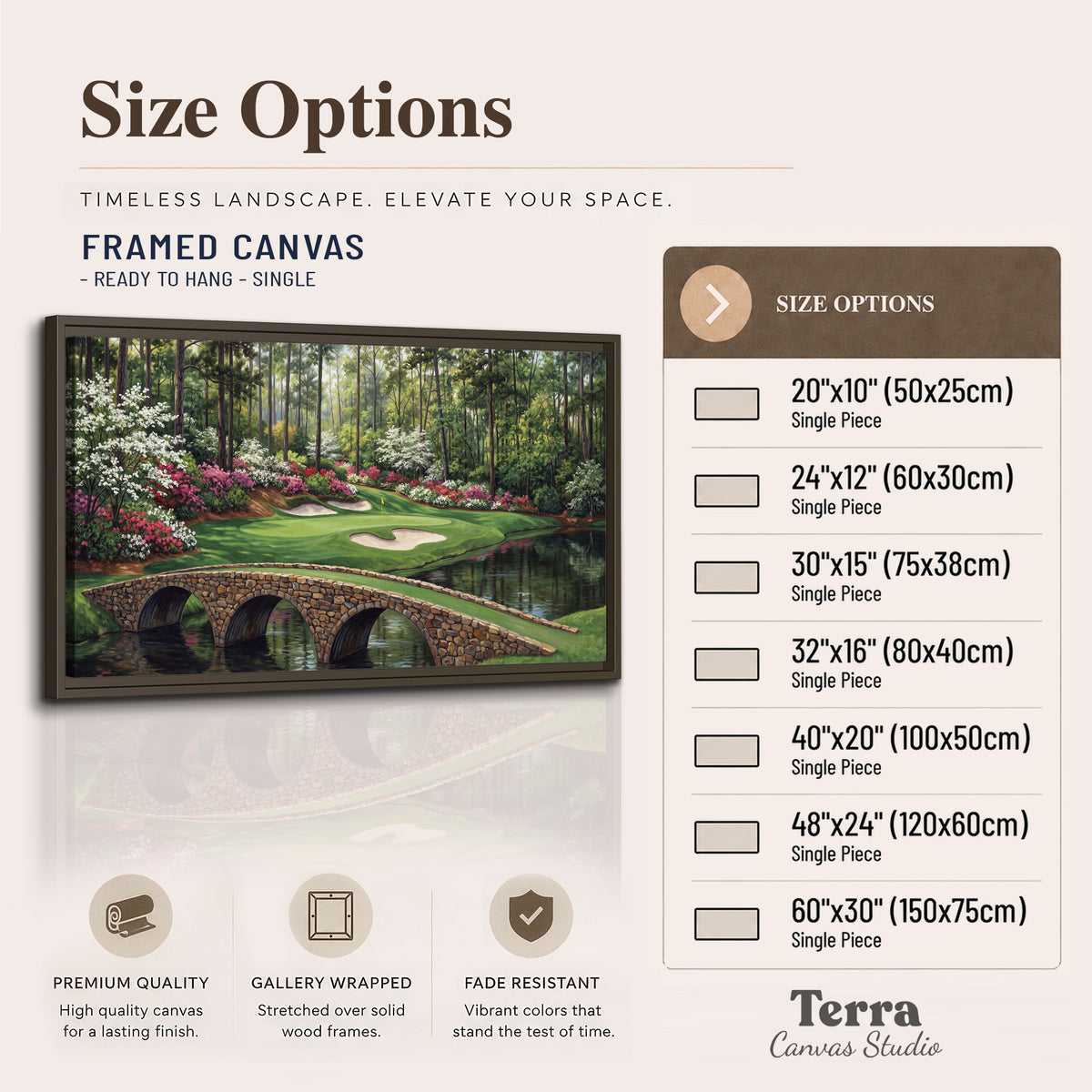 An arched stone bridge beside a landscaped golf course and reflective pond single framed canvas wall art available dimensions