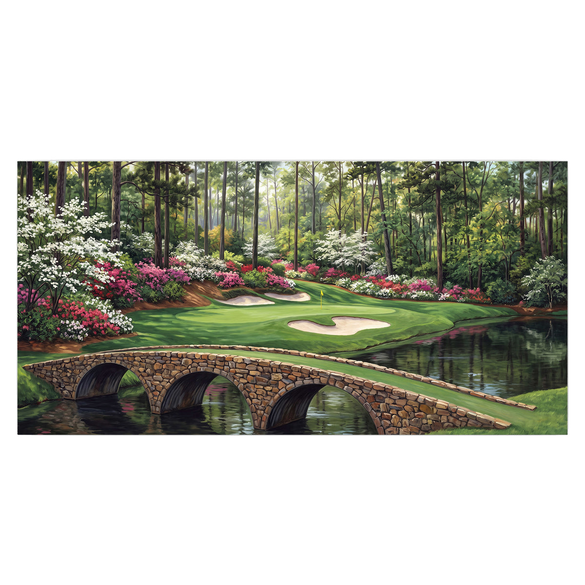 An arched stone bridge beside a landscaped golf course and reflective pond single poster print viewed straight on