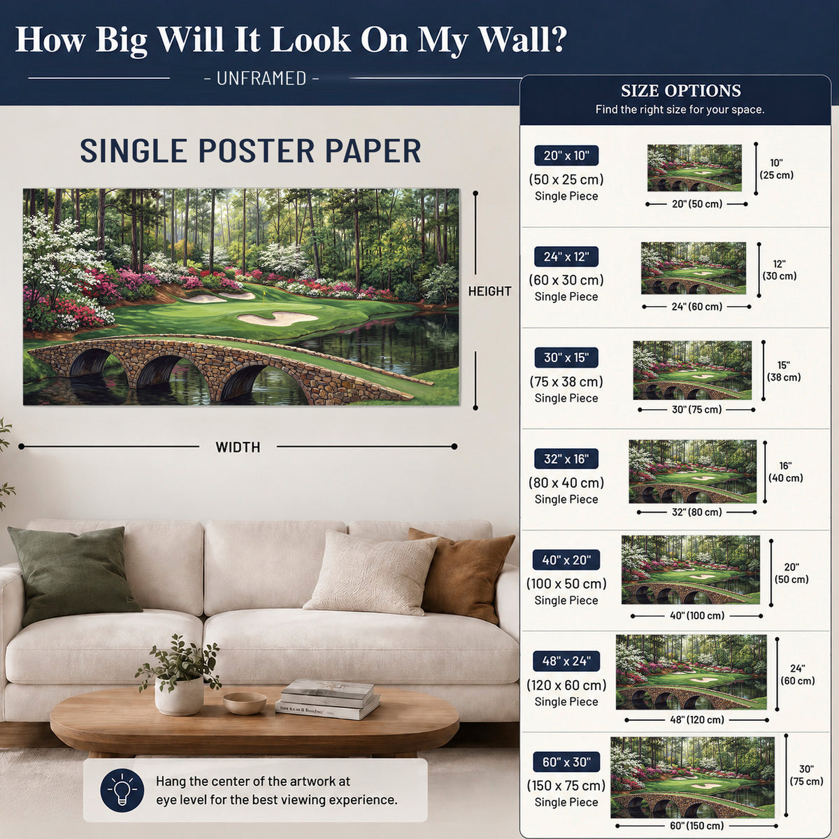 An arched stone bridge beside a landscaped golf course and reflective pond single poster print size guide above a sofa; room view is illustrative