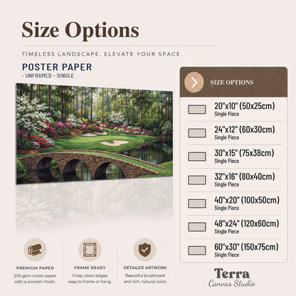 An arched stone bridge beside a landscaped golf course and reflective pond single poster print available dimensions