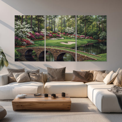 An arched stone bridge beside a landscaped golf course and reflective pond set of 3 poster prints displayed in a living room