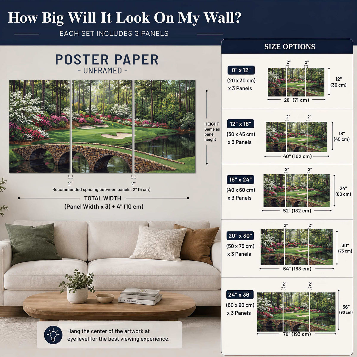 An arched stone bridge beside a landscaped golf course and reflective pond set of 3 poster prints size guide above a sofa; room view is illustrative