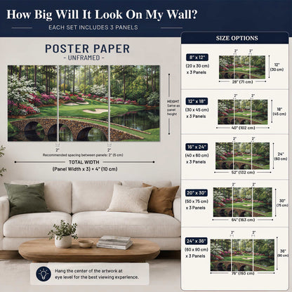 An arched stone bridge beside a landscaped golf course and reflective pond set of 3 poster prints size guide above a sofa; room view is illustrative