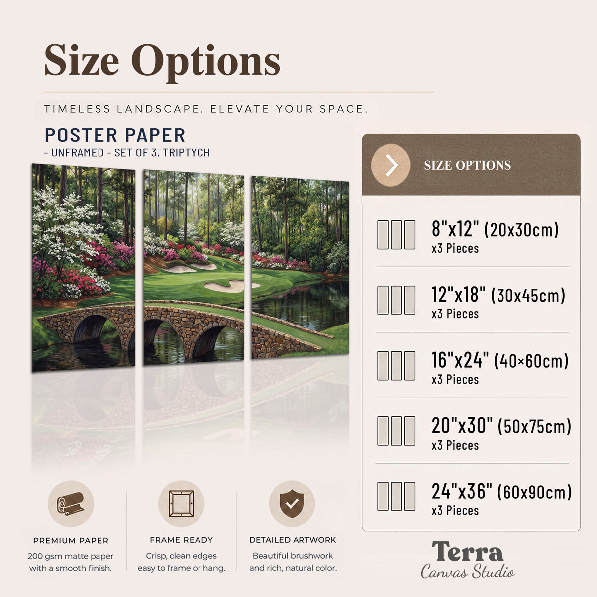 An arched stone bridge beside a landscaped golf course and reflective pond set of 3 poster prints available dimensions; triptych dimensions are per panel