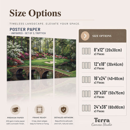 An arched stone bridge beside a landscaped golf course and reflective pond set of 3 poster prints available dimensions; triptych dimensions are per panel