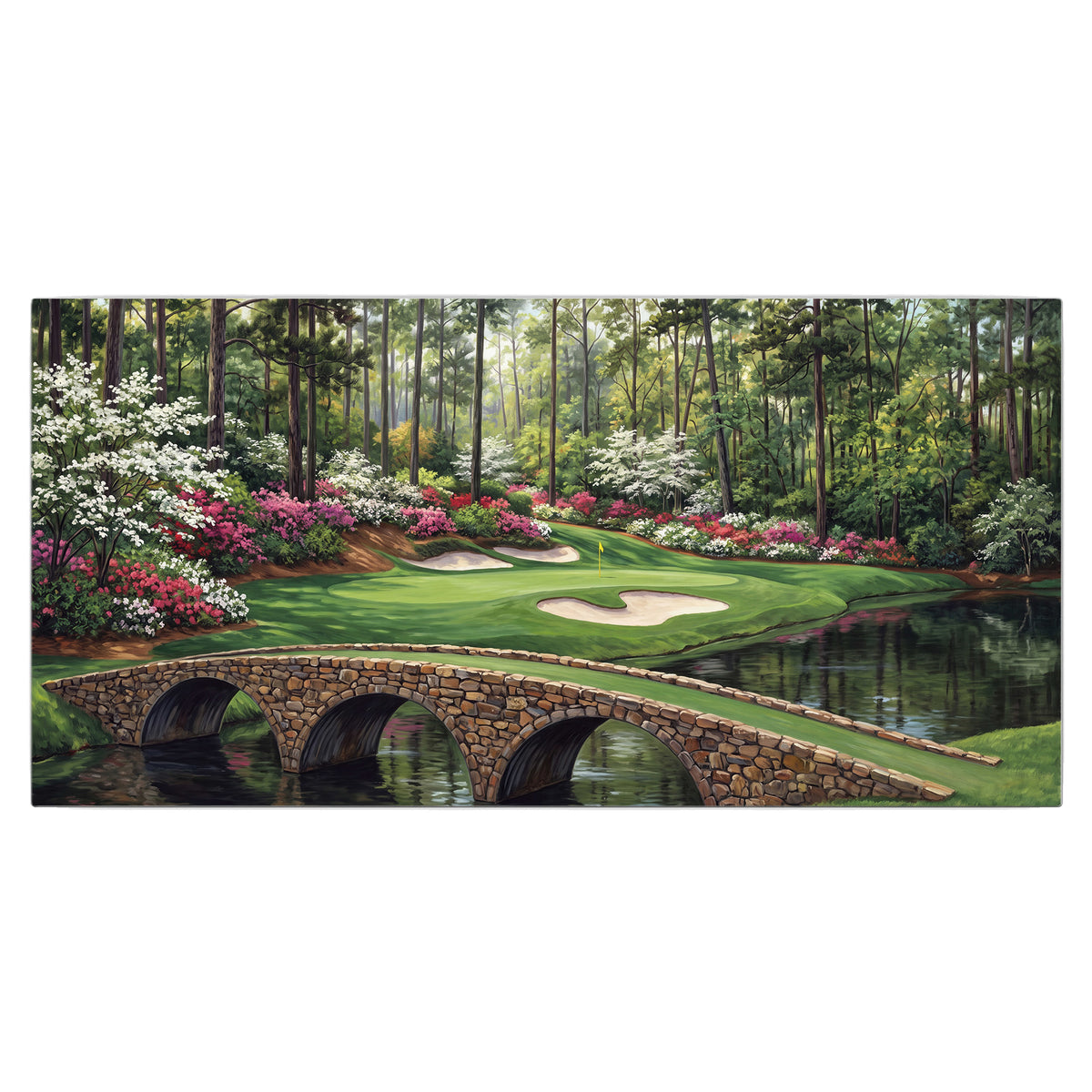 An arched stone bridge beside a landscaped golf course and reflective pond single canvas wall art viewed straight on