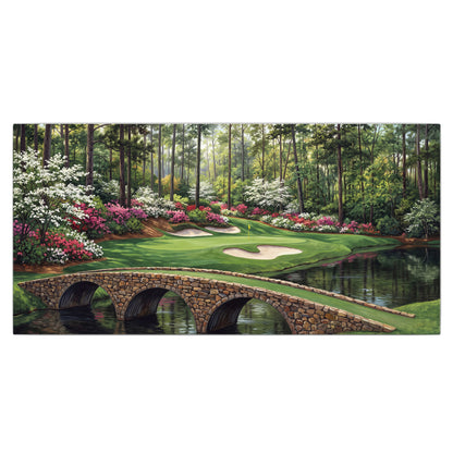 An arched stone bridge beside a landscaped golf course and reflective pond single canvas wall art viewed straight on