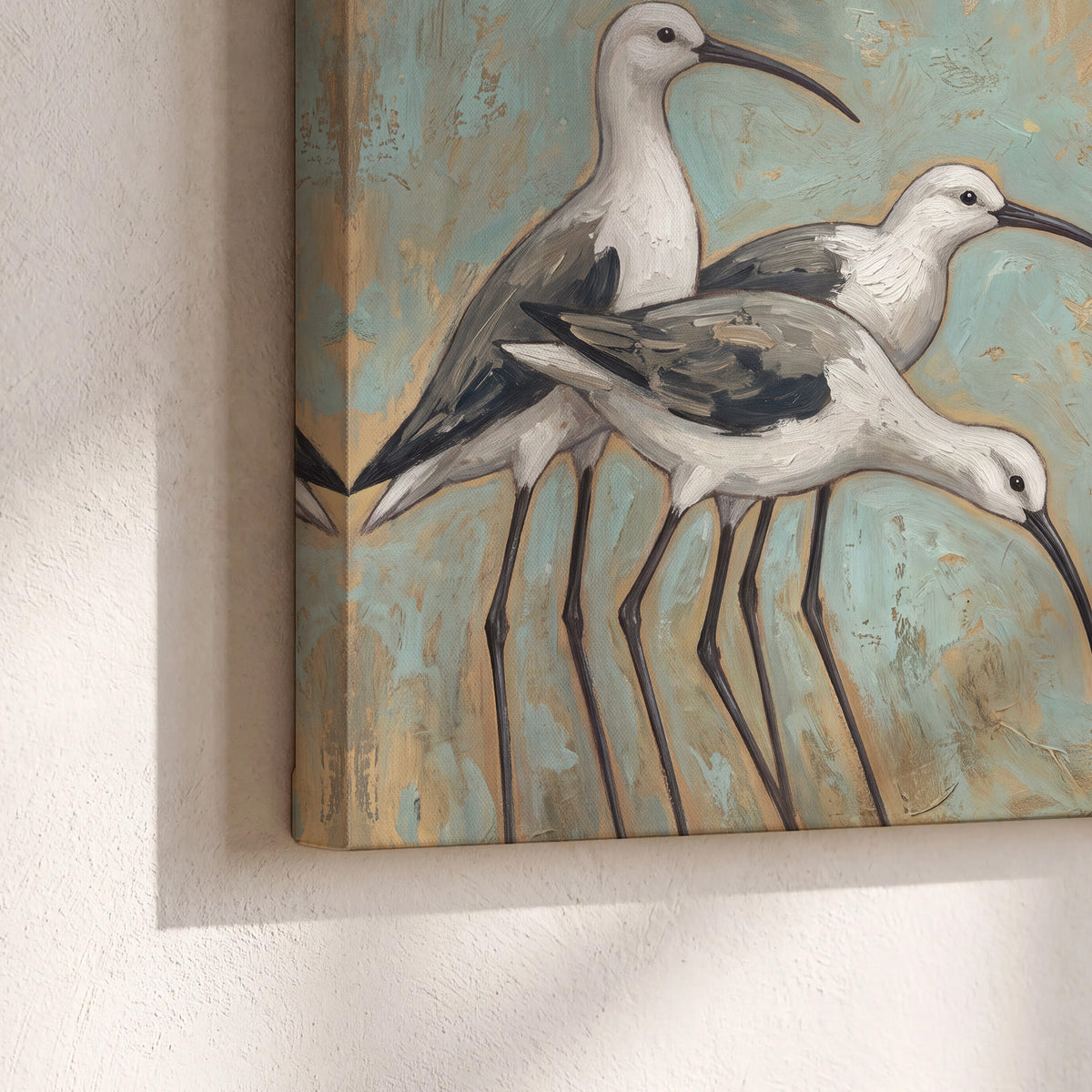 Long-legged white and gray wading birds against a muted aqua background 3 piece canvas wall art material and edge close up