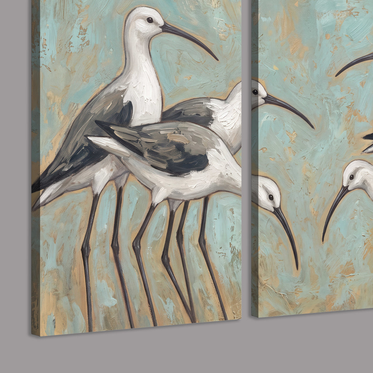 Long-legged white and gray wading birds against a muted aqua background 3 piece canvas wall art room and product view