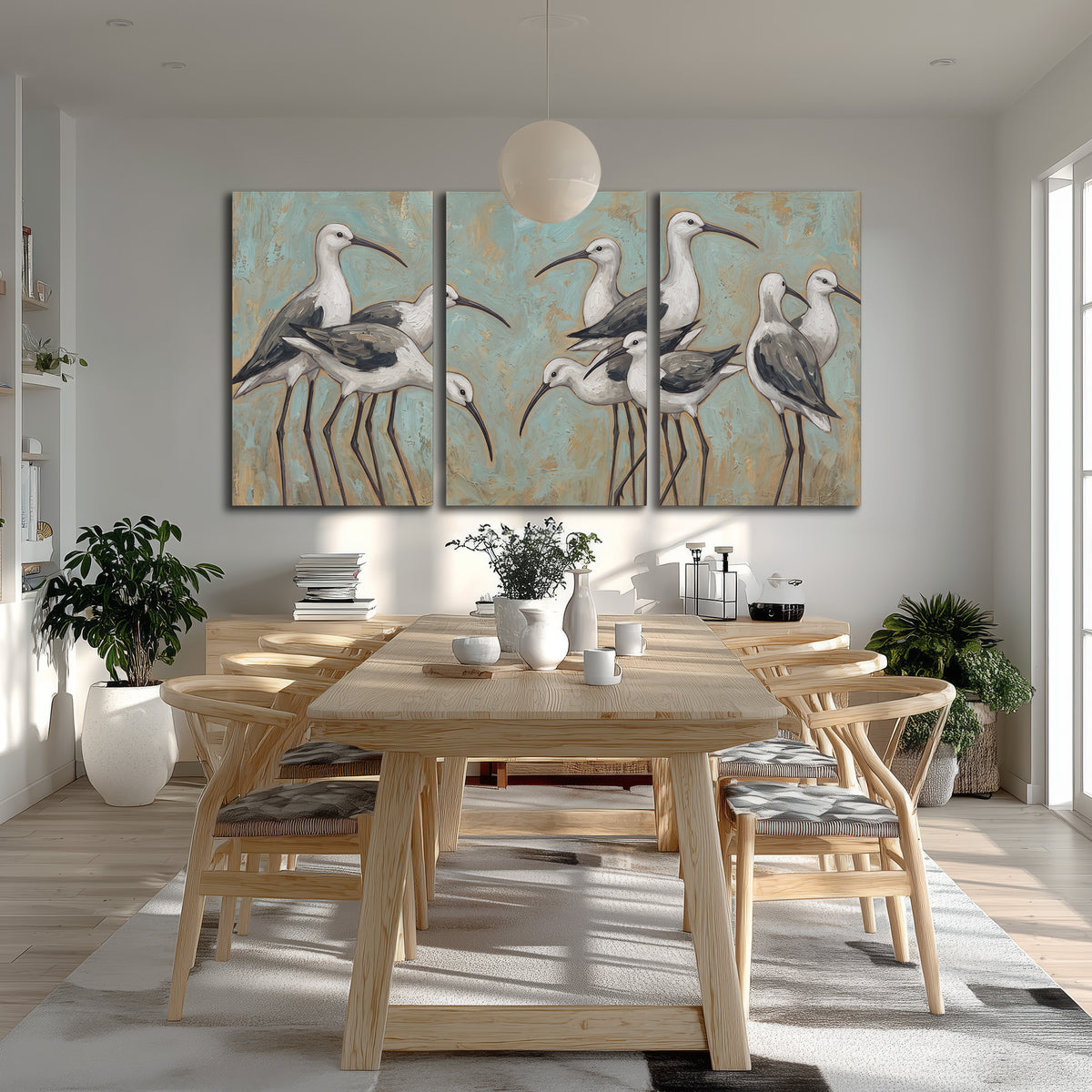 Long-legged white and gray wading birds against a muted aqua background 3 piece canvas wall art room and product view