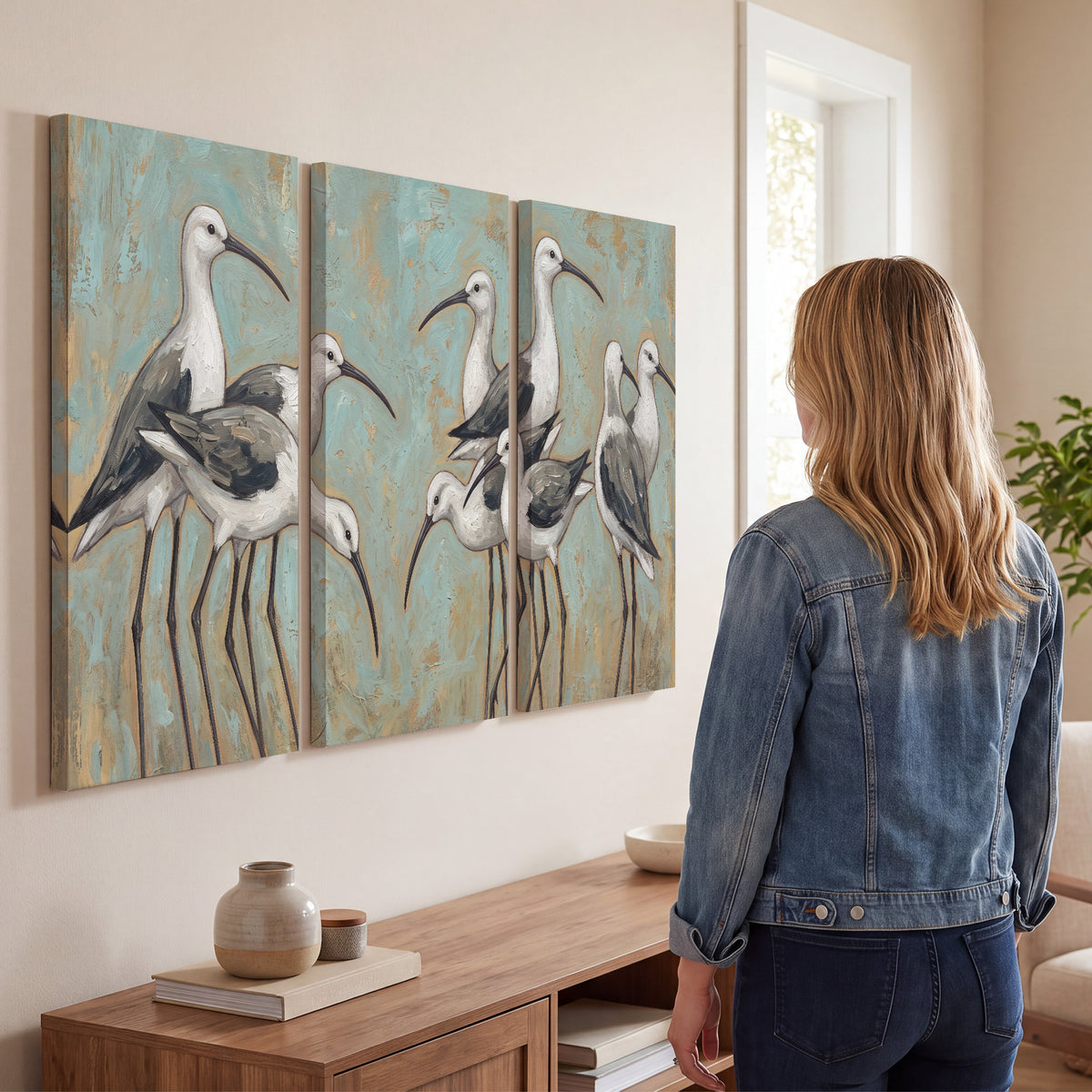 Long-legged white and gray wading birds against a muted aqua background 3 piece canvas wall art three panel arrangement on a wall